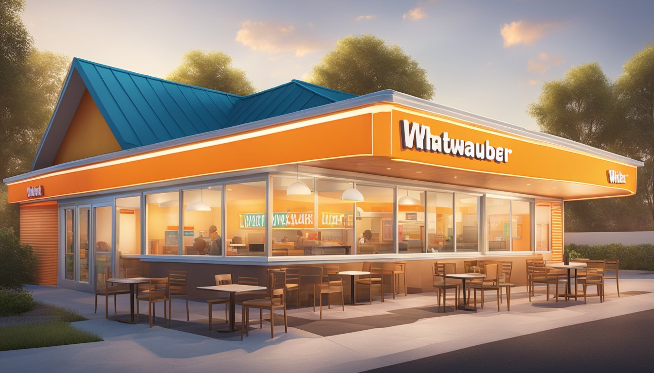 A brightly lit Whataburger restaurant with a colorful menu board and open sign. Outdoor seating area visible through the windows