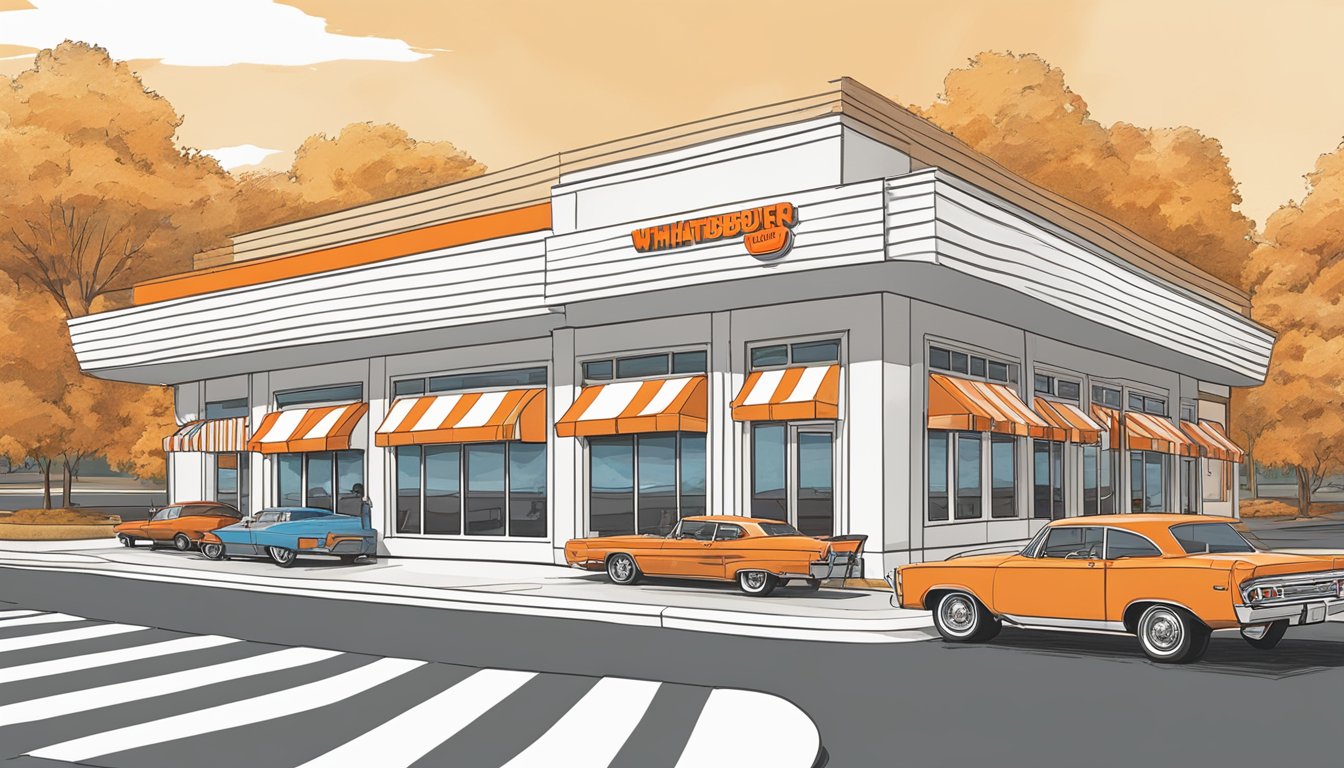 A bustling Whataburger restaurant in Irmo, SC, with a drive-thru line of cars, outdoor seating, and the iconic orange and white striped building