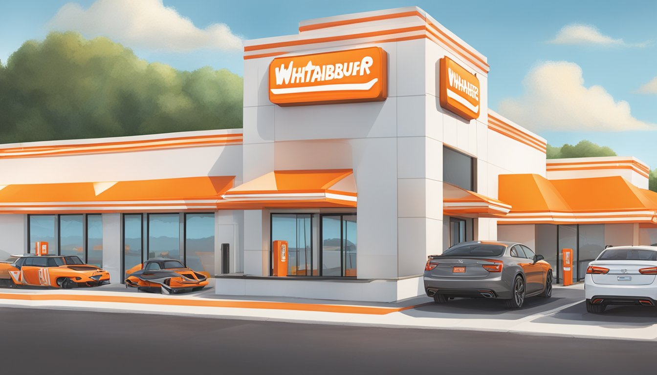 A drive-thru window at Whataburger with cars lined up for ordering, illuminated by the restaurant's bright orange and white colors