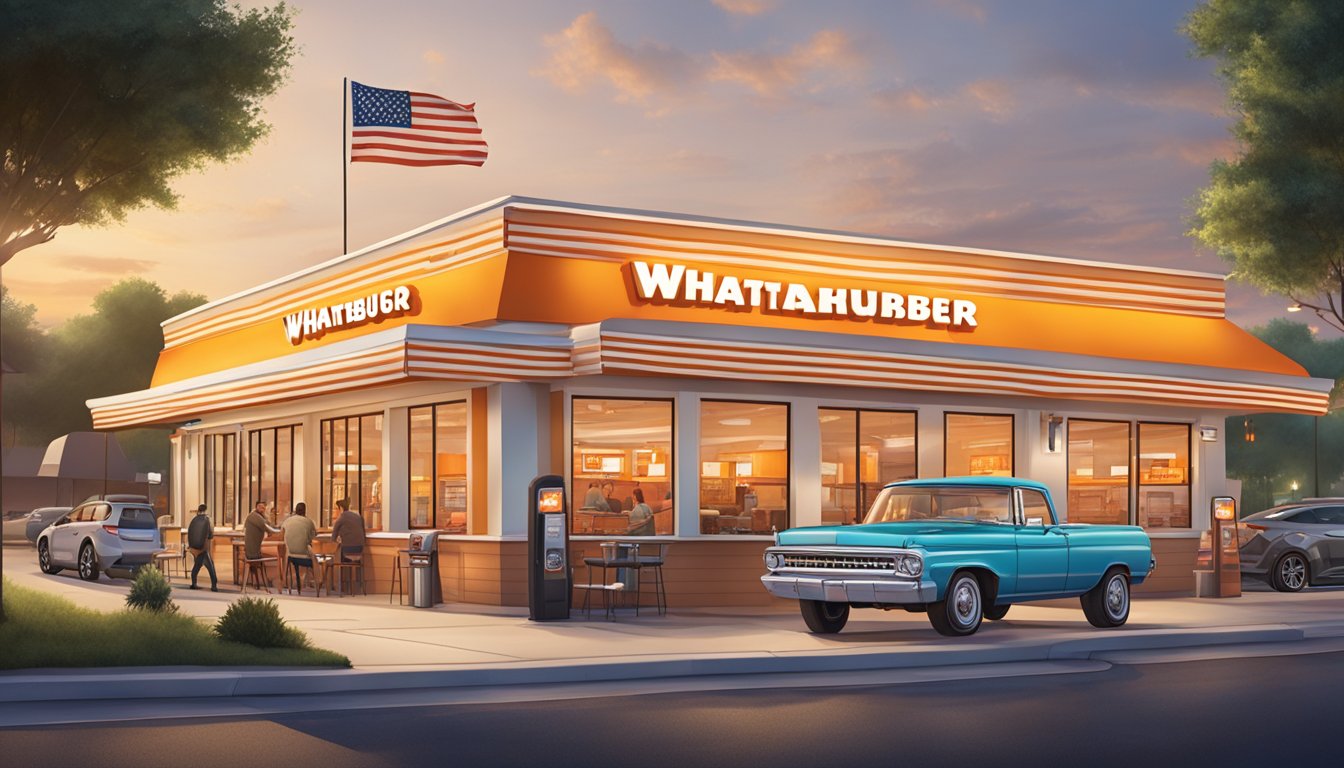 A Whataburger restaurant with a lit sign, drive-thru, and outdoor seating area bustling with customers