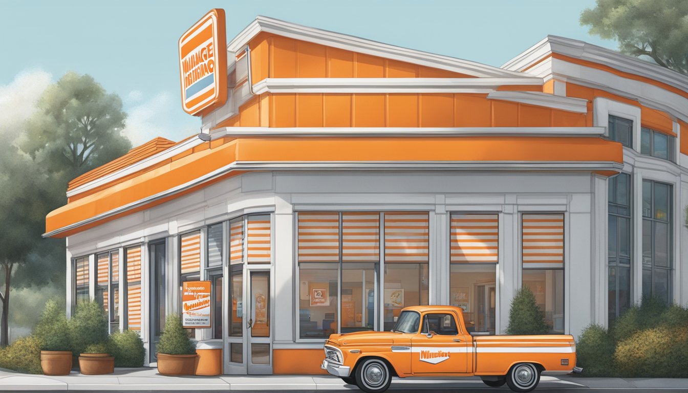 The iconic orange and white striped building of Whataburger with a "Now Hiring" sign displayed prominently in the window