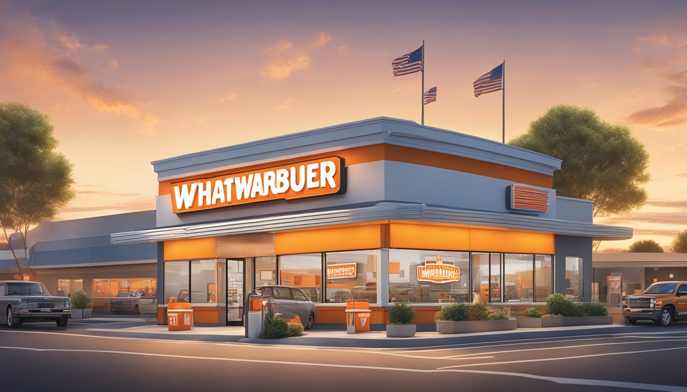 A Whataburger store with a brightly lit sign and drive-thru, surrounded by a parking lot and other businesses