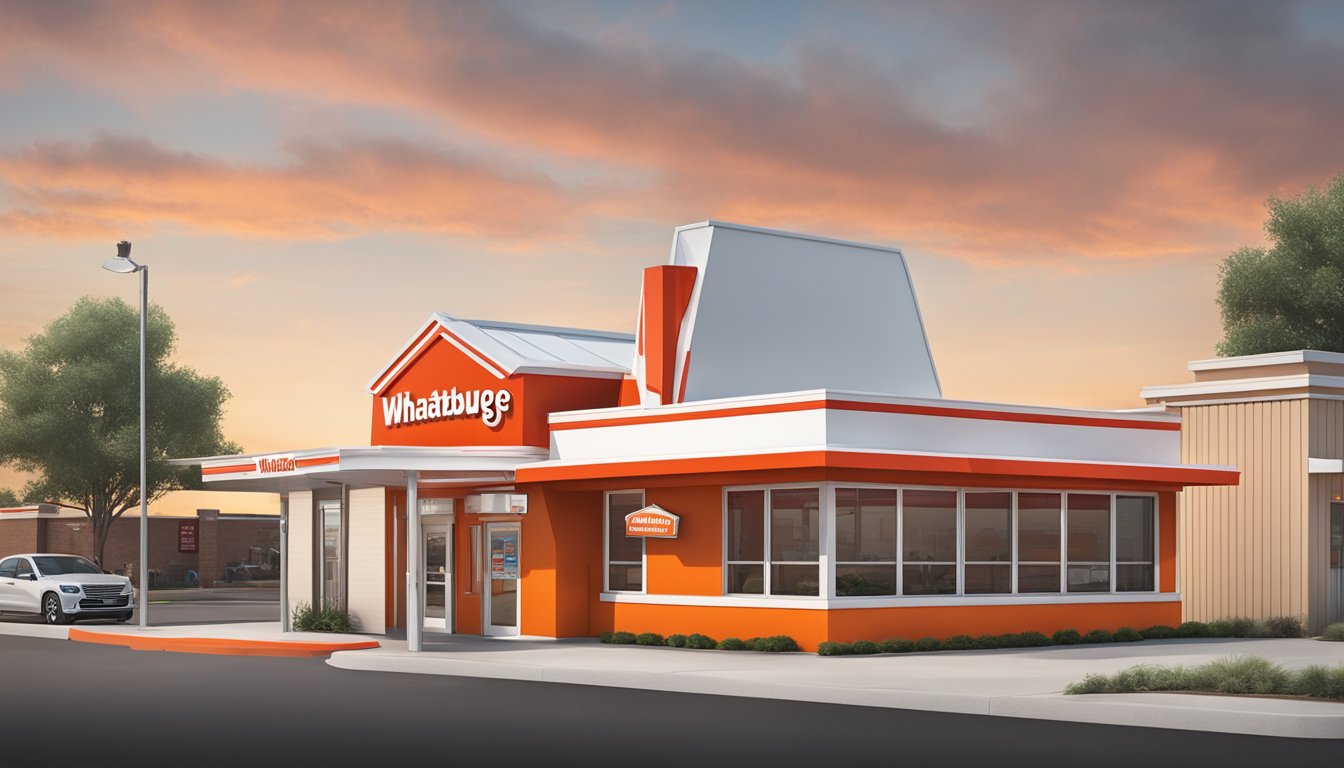 A WhatABurger restaurant in Amarillo, with a bright red and white exterior, a drive-thru window, and a large sign with the company's logo