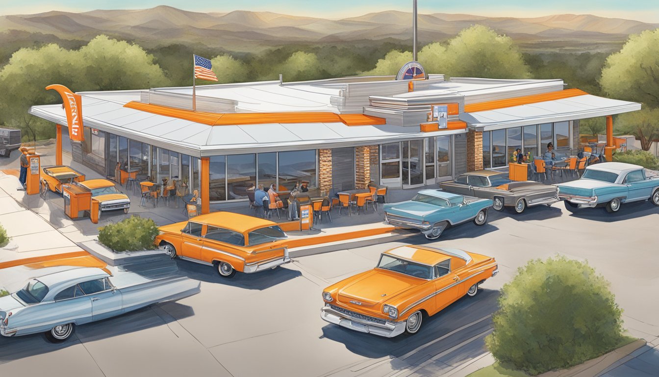 A busy Whataburger restaurant in Amarillo, with a drive-thru line of cars and customers seated at outdoor tables enjoying their meals