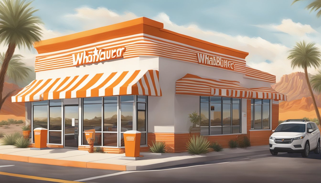 A bustling Whataburger restaurant in Arizona, with a distinct orange and white striped exterior, surrounded by desert landscape