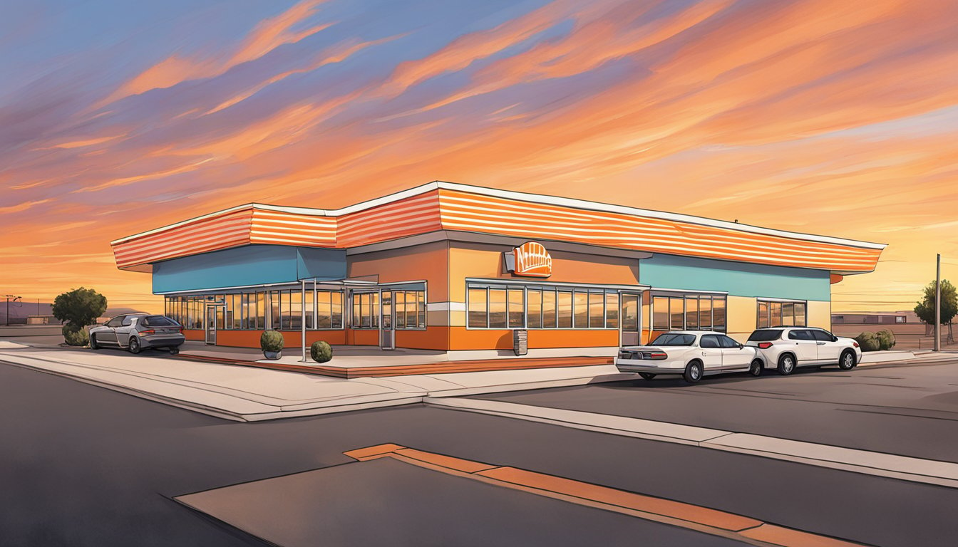 A colorful sunset over the iconic orange and white striped roof of a Whataburger restaurant in Amarillo, Texas