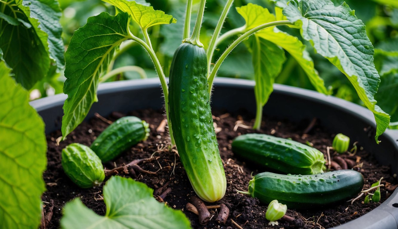 A lush cucumber plant thrives in rich, dark mushroom compost, surrounded by healthy, vibrant green leaves and plump, ripe cucumbers