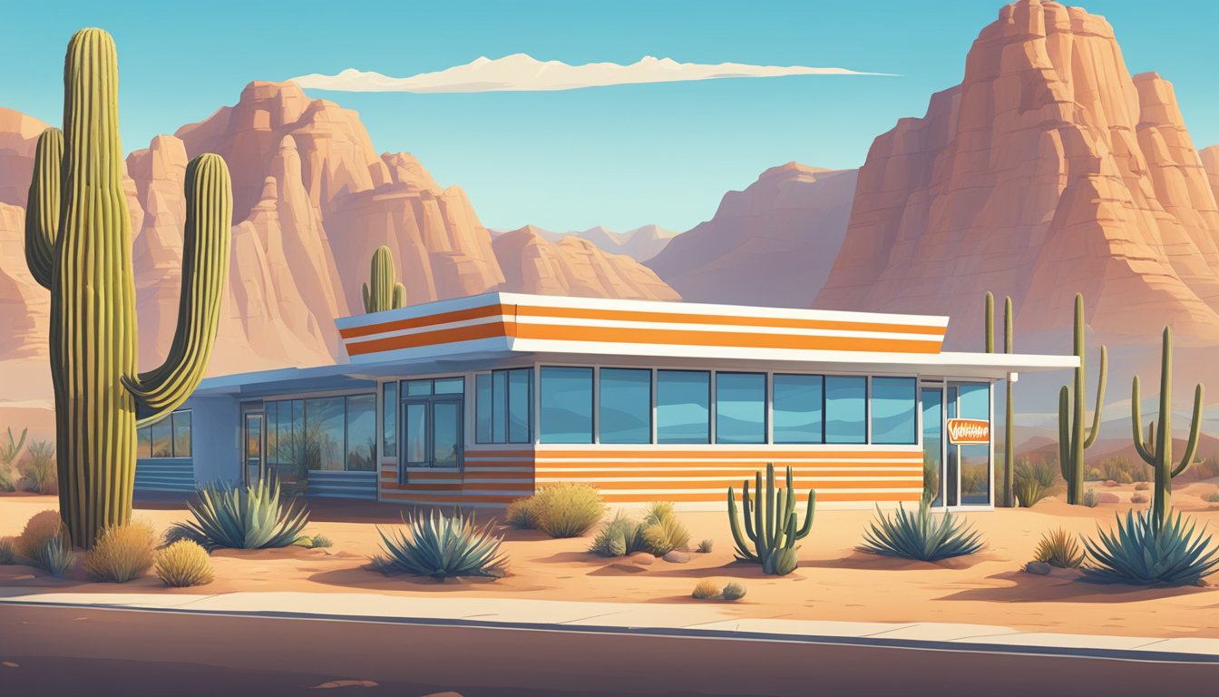 A desert landscape with a Whataburger restaurant in the foreground, cacti and mountains in the background under a clear blue sky