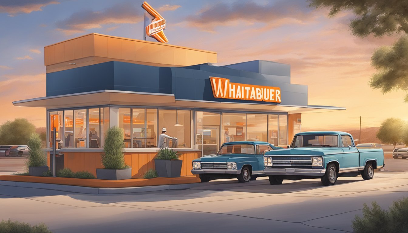 A Whataburger restaurant in Arizona with drive-thru, outdoor seating, and delivery drivers picking up orders