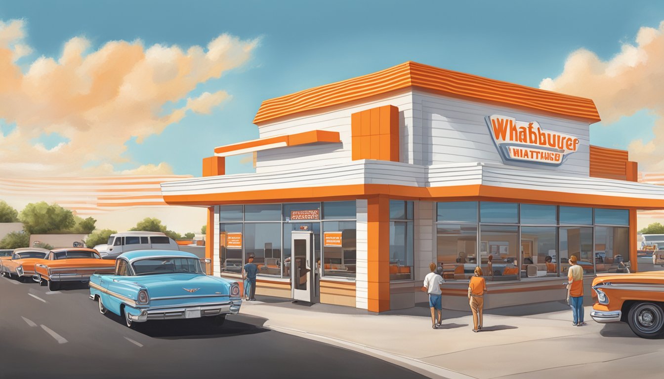 A bustling Whataburger restaurant in Amarillo, Texas, with a drive-thru line of cars and customers dining inside. The iconic orange and white striped building stands out against the blue sky