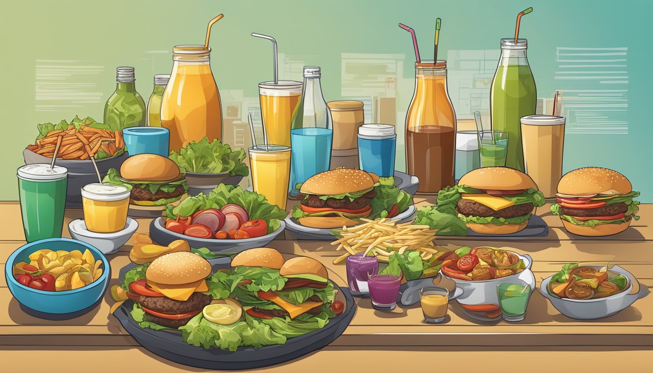 A table with a variety of food items, including burgers, salads, and drinks, with corresponding nutritional information displayed next to each item