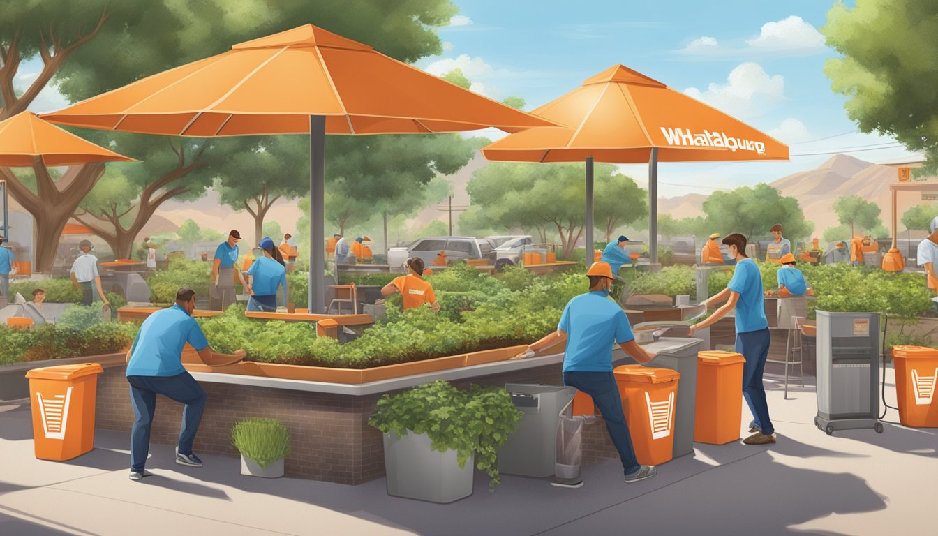 A bustling WhatABurger in Arizona with a recycling station, community garden, and solar panels. Outdoor seating and a group of volunteers cleaning up the surrounding area