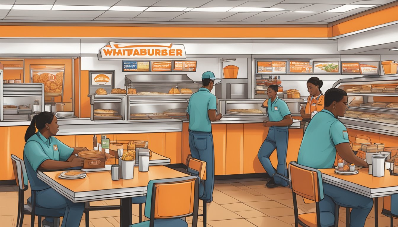 A bustling Whataburger restaurant in Arizona, with employees working together in a friendly and efficient manner, reflecting the company's positive and inclusive culture