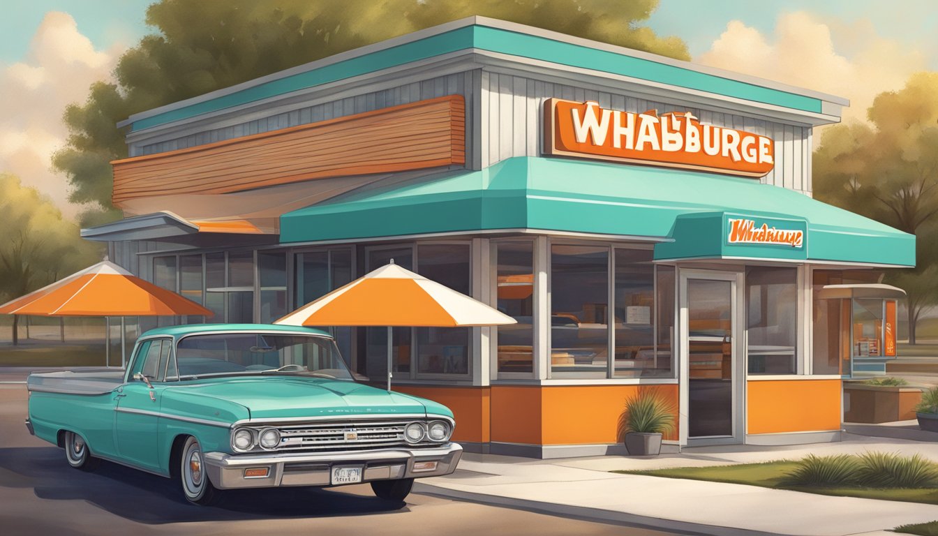 A bustling Whataburger restaurant in Fort Worth, with a classic A-frame design, a drive-thru, and a colorful retro sign