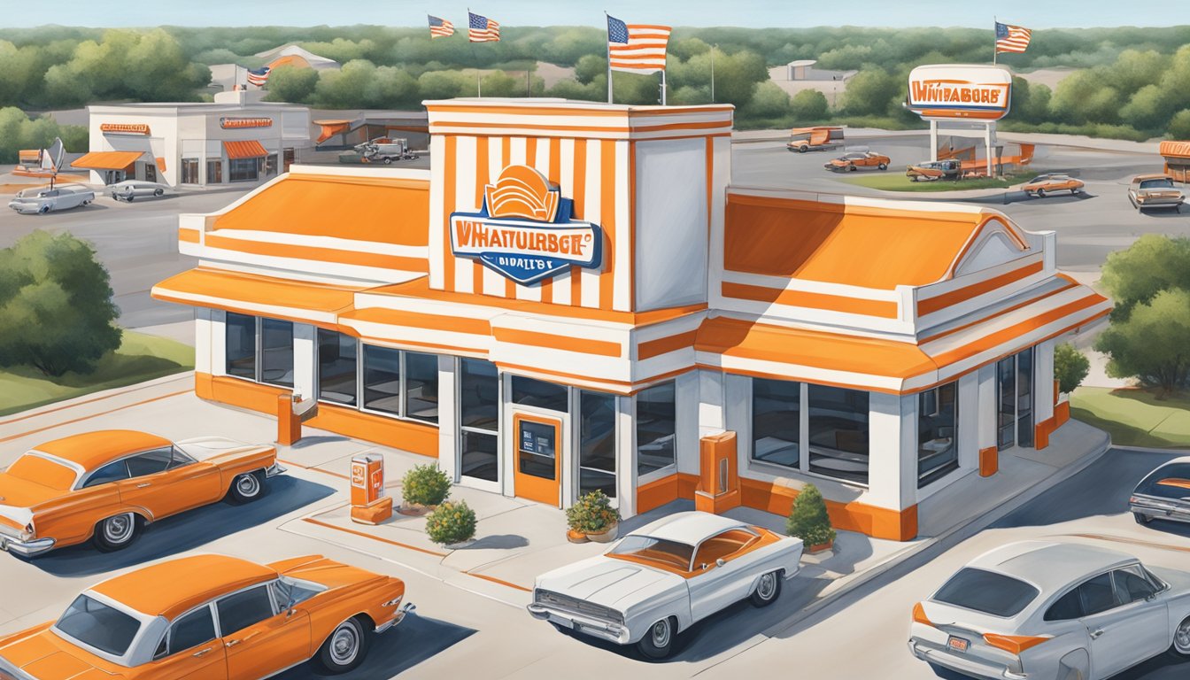 A bustling Whataburger restaurant in Fort Worth, Texas, with the iconic orange and white striped building and a drive-thru line of cars