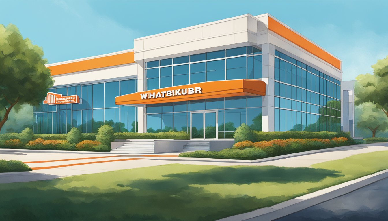 The Whataburger headquarters stands tall, surrounded by lush greenery and a clear blue sky. The modern building exudes a sense of pride and history