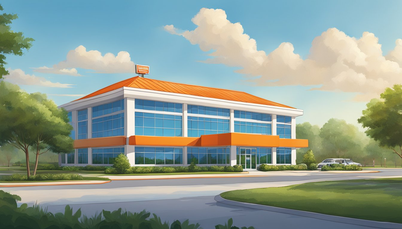 The Whataburger headquarters building stands tall and modern, surrounded by lush green landscaping and a clear blue sky