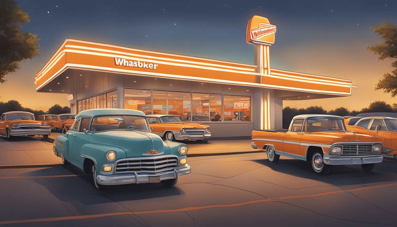 A bustling Whataburger in Fort Worth, with cars lined up at the drive-thru and customers dining inside under the warm glow of the iconic orange and white lights