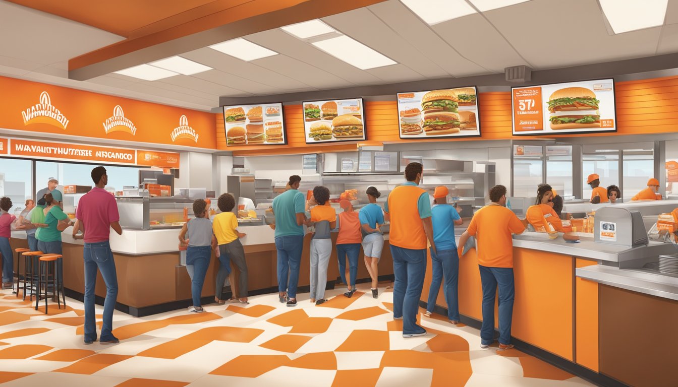 A bustling Whataburger restaurant in Fort Worth, Texas, with customers receiving promotions and rewards at the counter