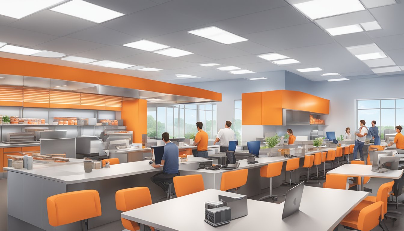 The Whataburger headquarters bustles with activity as employees work in open-plan offices, while others collaborate in meeting rooms and the aroma of freshly cooked burgers wafts from the test kitchen