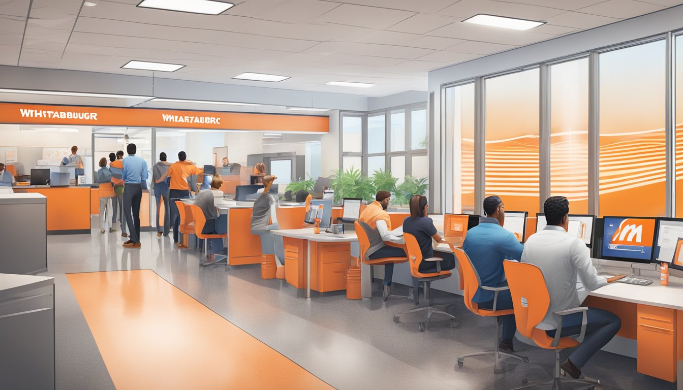 The Whataburger headquarters bustles with customer engagement: employees greet and assist visitors, while others collaborate in open workspaces and meeting rooms