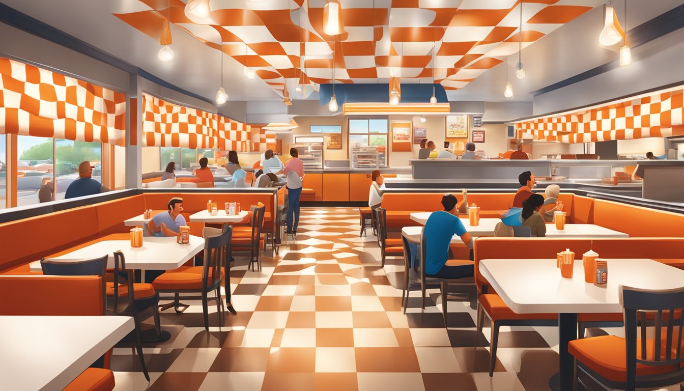 A bustling Whataburger restaurant in Fort Worth, with patrons enjoying their meals at red and white checkered tables under the warm glow of pendant lights