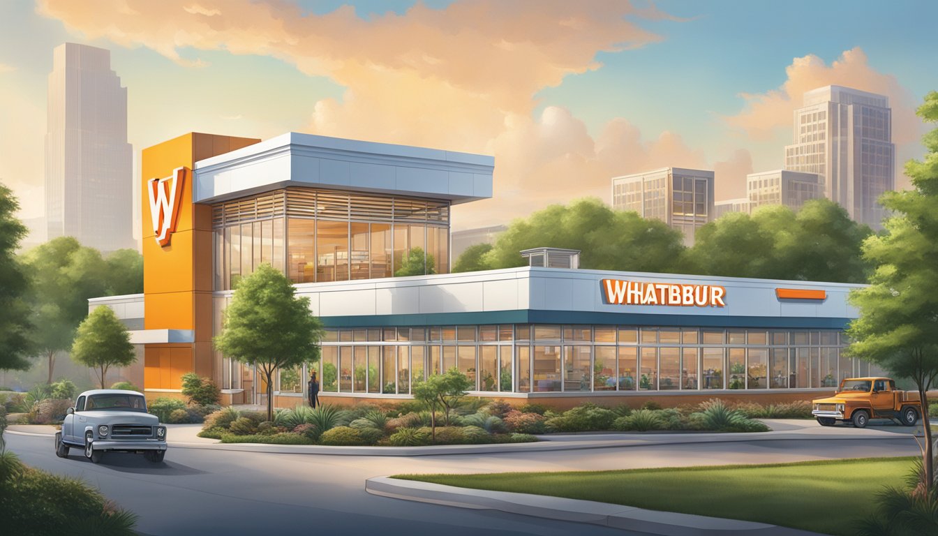 The Whataburger headquarters stands tall among a crowded and competitive landscape, with modern buildings and lush greenery surrounding it