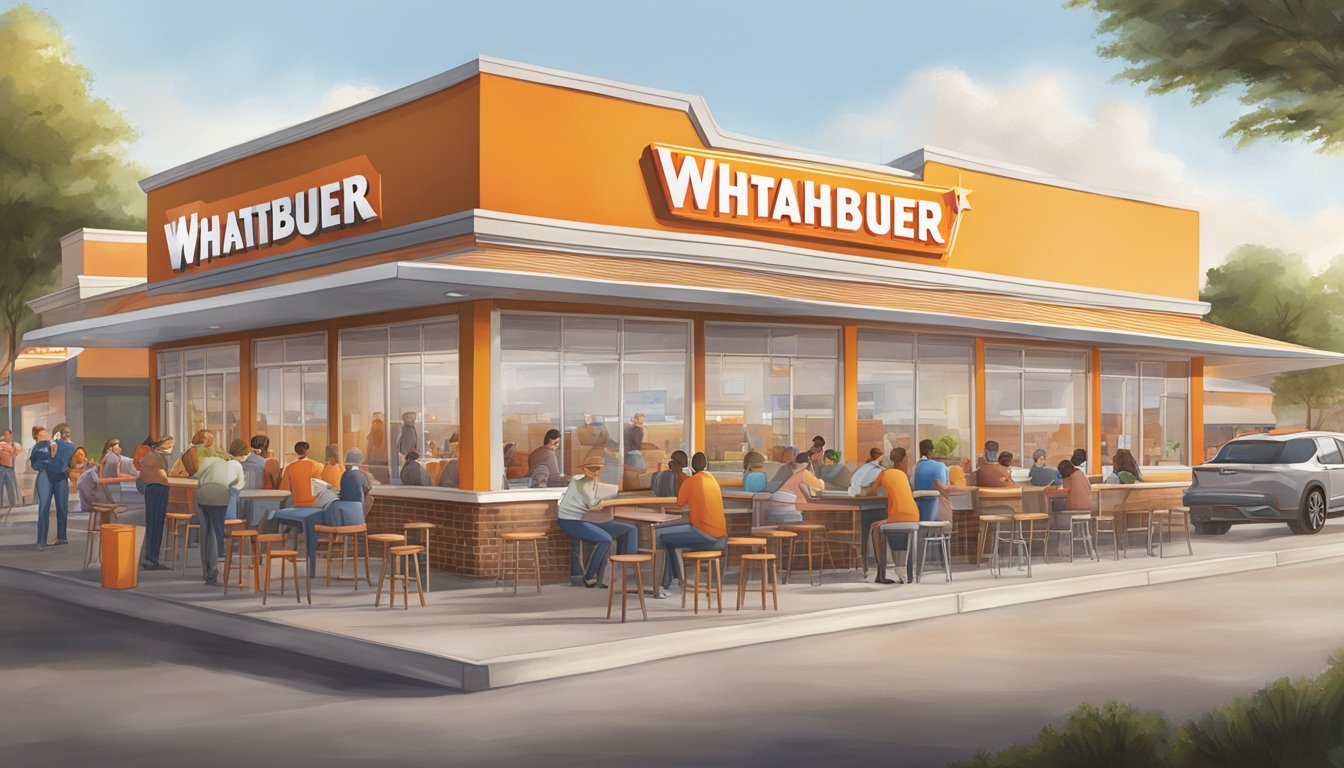 A bustling Whataburger in Fort Worth, with a line of customers, outdoor seating, and a sense of community engagement