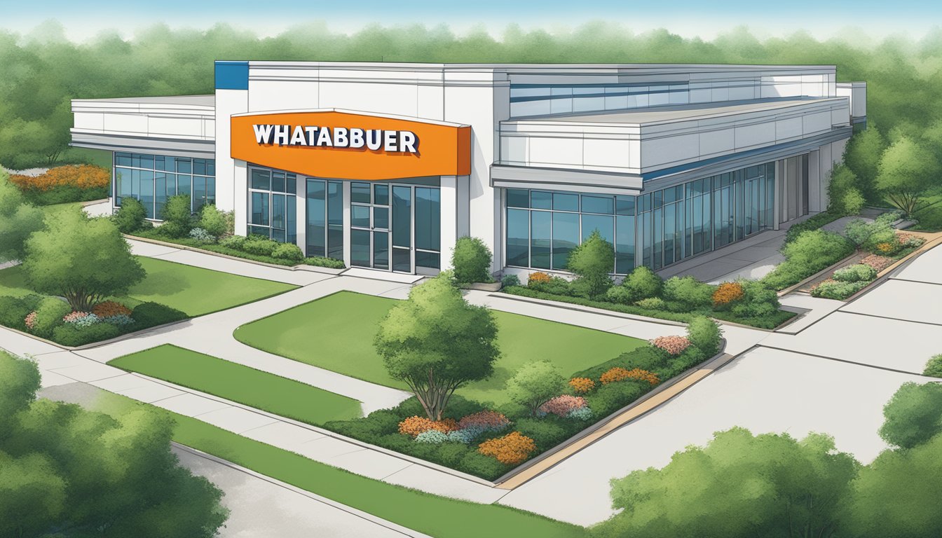 The WhatABurger headquarters building surrounded by green landscaping and a clear blue sky, with a prominent company logo displayed