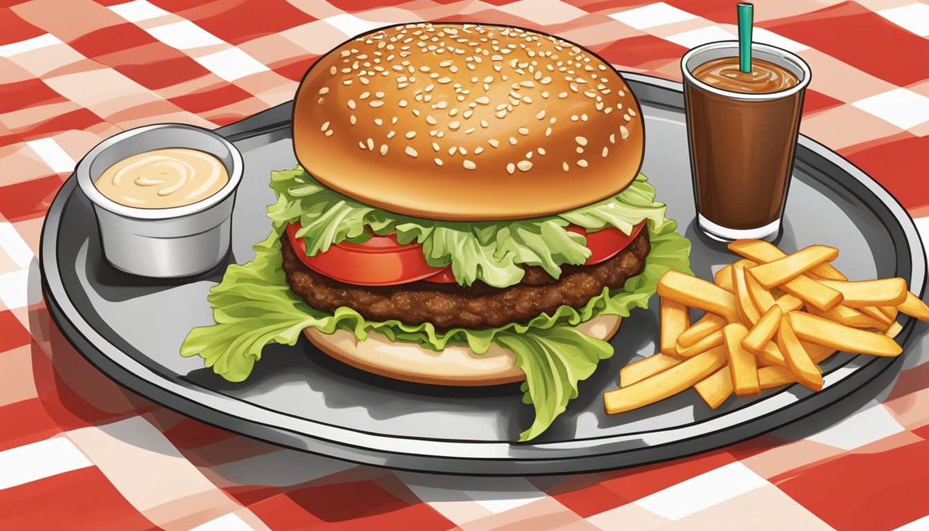 A sizzling Monterey Melt burger surrounded by fresh lettuce, ripe tomatoes, and a side of crispy fries on a red and white checkered tray