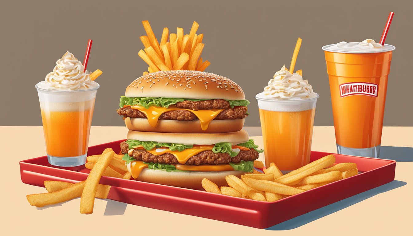 A sizzling Whataburger Monterey Melt sits on a red tray, surrounded by a pile of golden crispy fries and a frosty drink