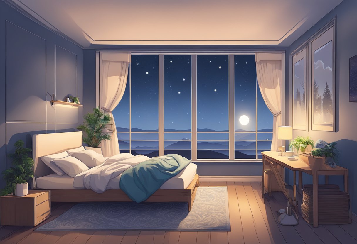 Une chambre paisible avec une silhouette endormie, entourée d'un appareil CPAP et d'une douce lumière de lune filtrant à travers la fenêtre