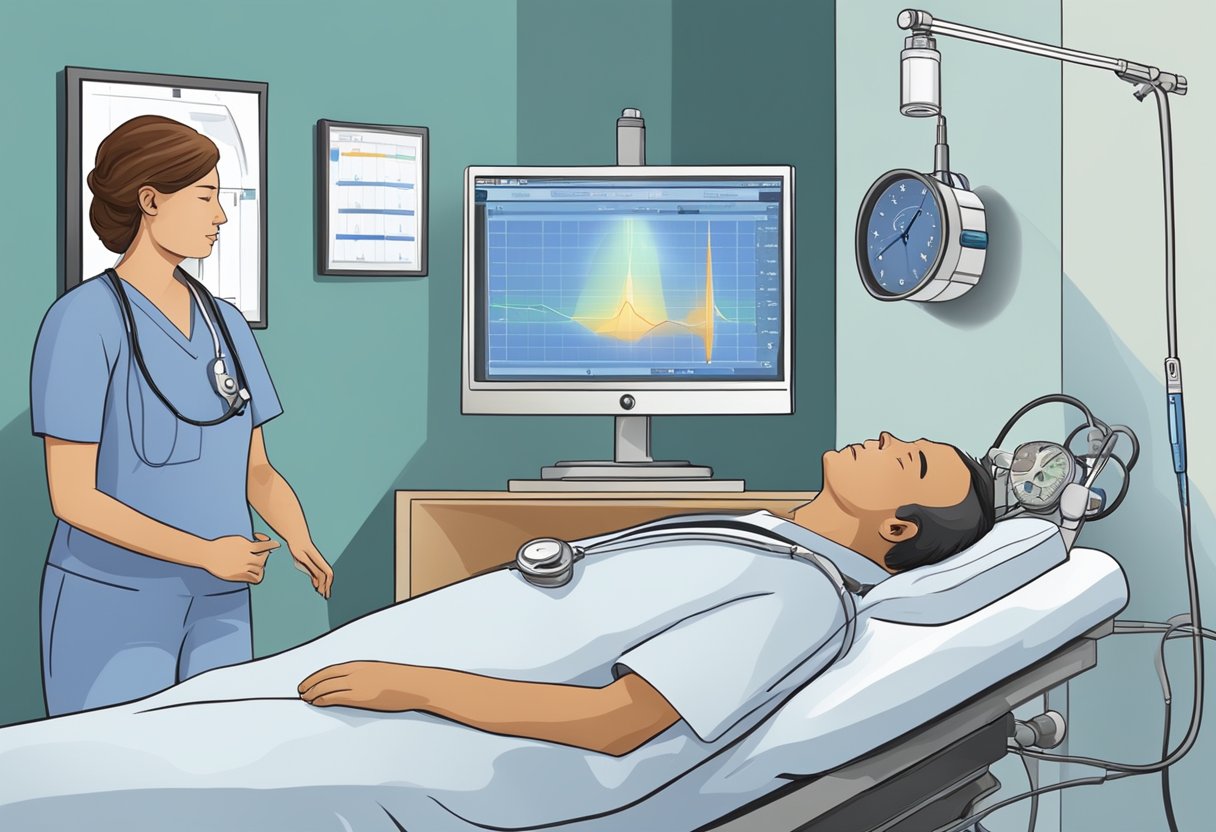 Un technicien d'étude du sommeil surveille l'équipement pendant qu'un patient subit un test de diagnostic pour l'apnée du sommeil.