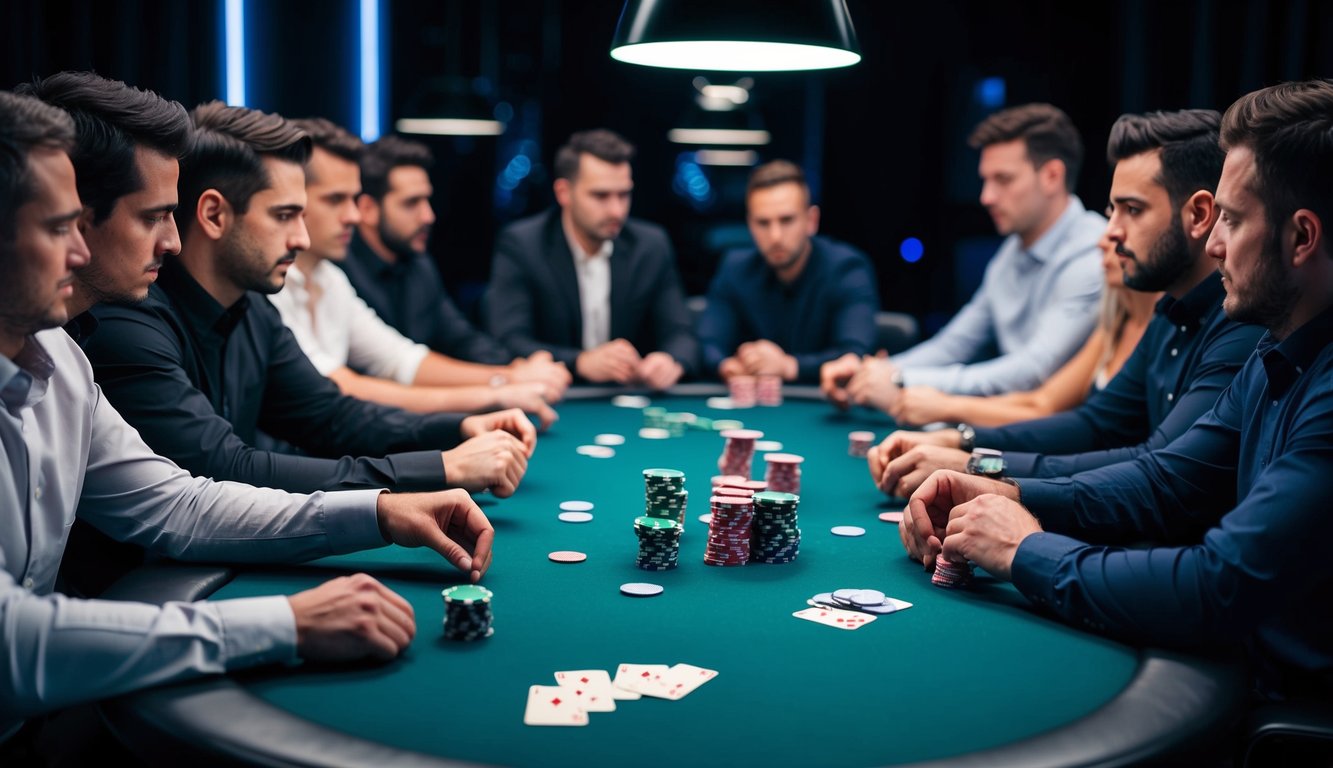 Sekelompok pemain poker berkumpul di sekitar meja modern yang ramping, dengan chip dan kartu tersebar di permukaan, menciptakan suasana tegang di udara.