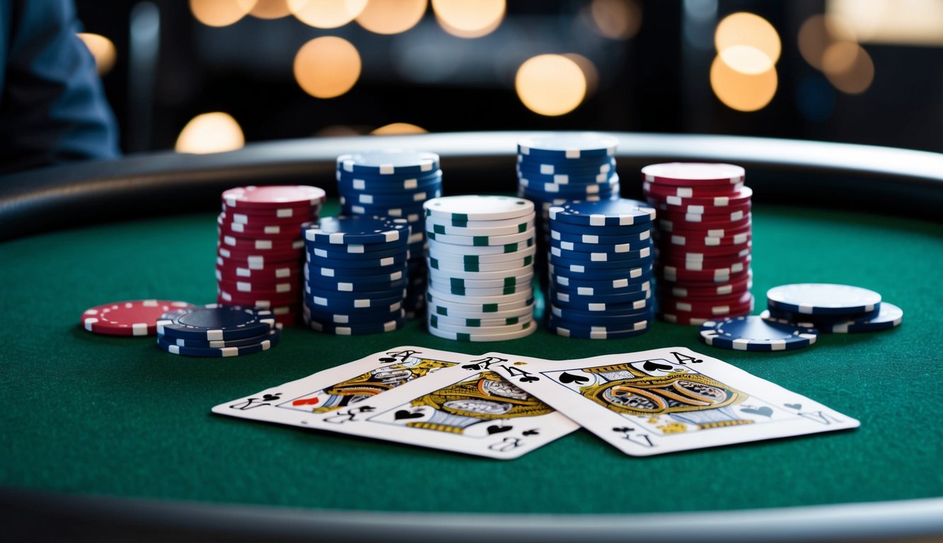 Sekelompok chip poker dan kartu yang disusun di atas meja modern yang ramping dengan permukaan felt hijau