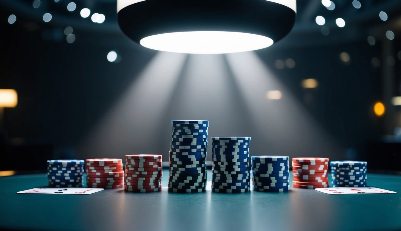 Sekelompok chip poker dan kartu yang disusun di atas meja modern yang ramping dengan pencahayaan dramatis dari atas yang menciptakan bayangan