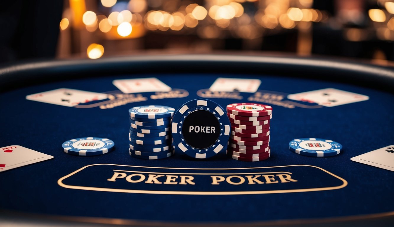 Sebuah meja dengan chip poker, kartu, dan tombol dealer yang disiapkan untuk permainan di sebuah agen poker profesional