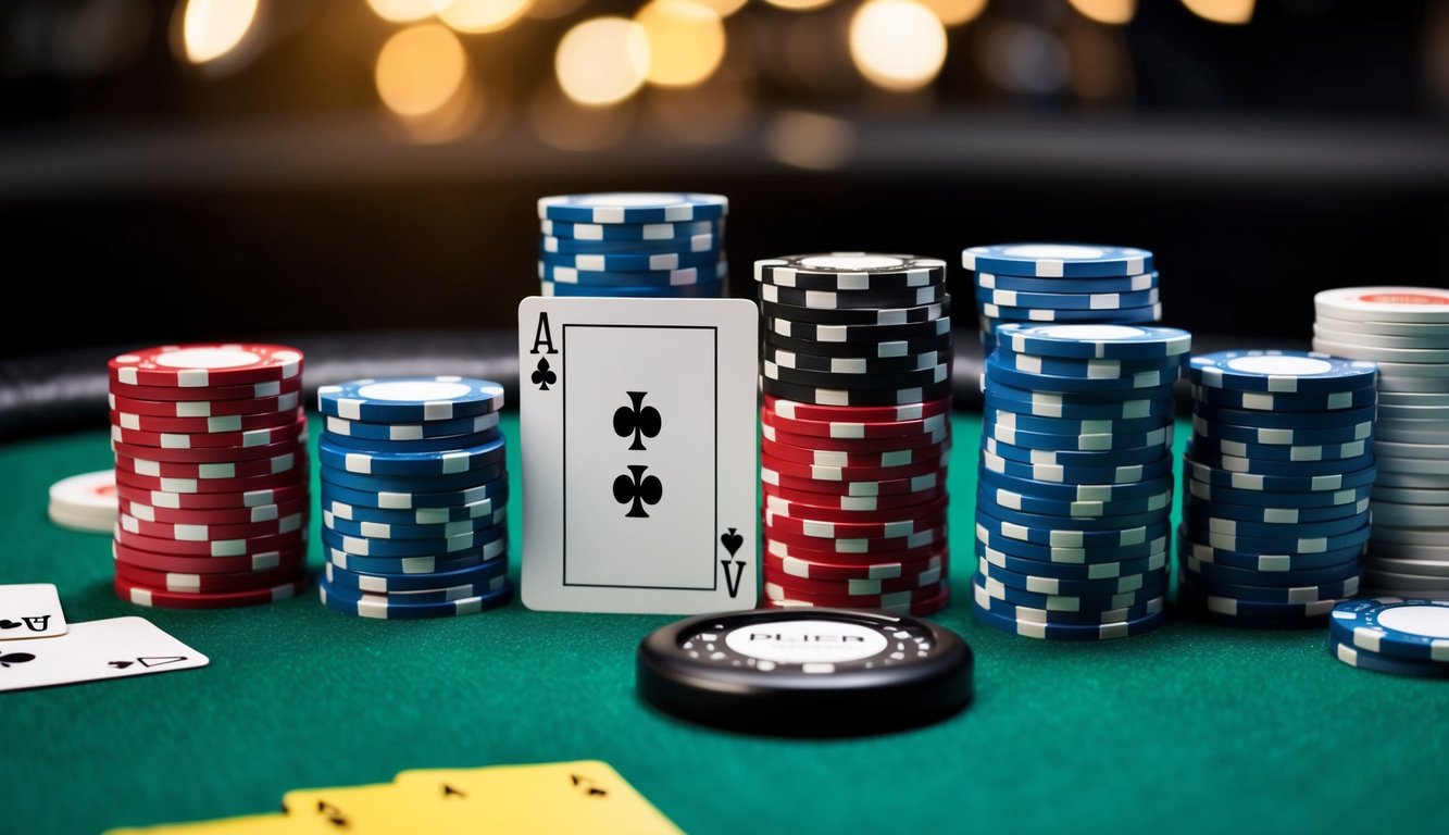 Sekelompok chip poker dan kartu yang disusun di atas meja felt hijau, dengan tombol dealer dan tumpukan chip di latar belakang