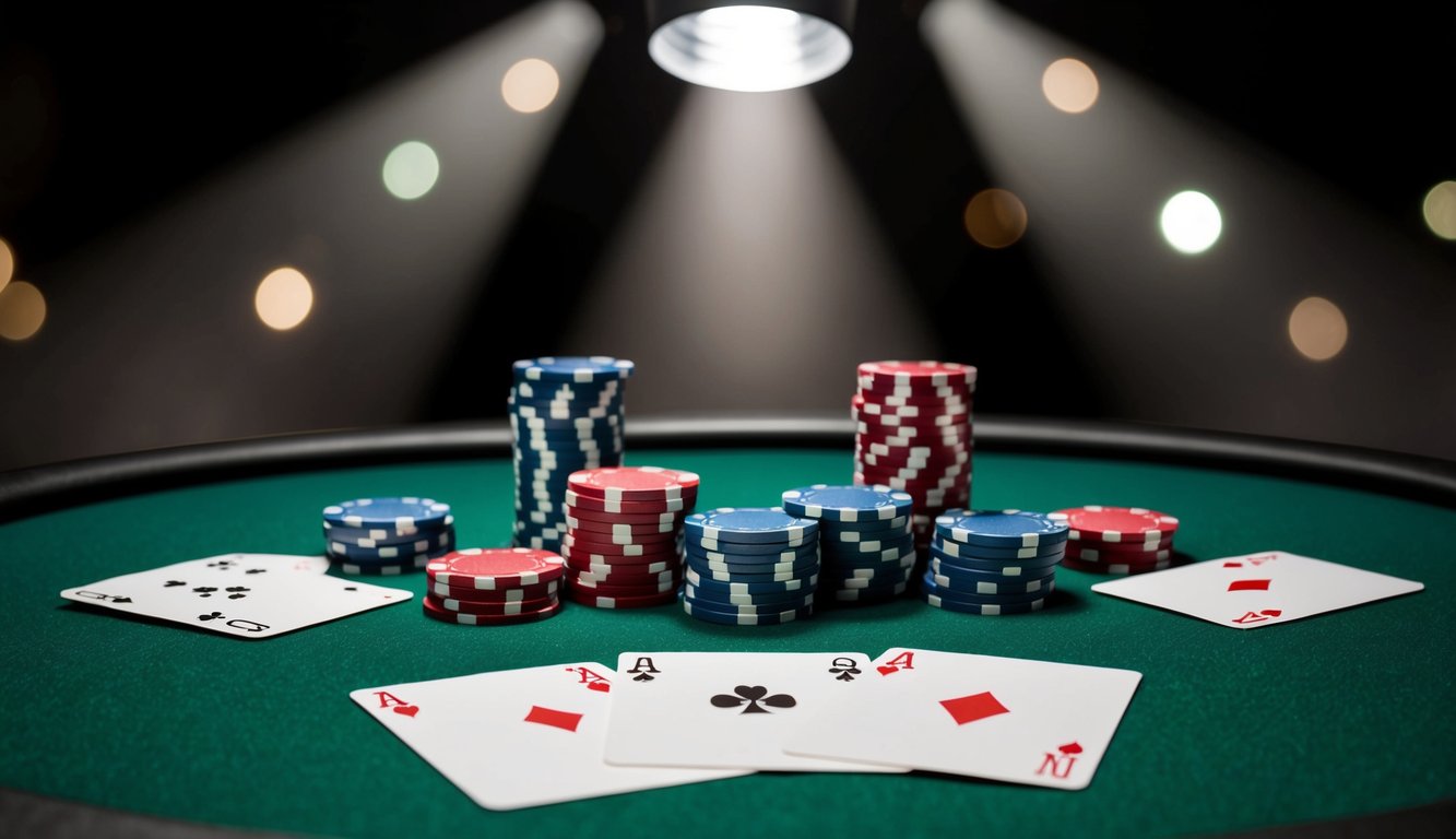 Sekelompok chip poker dan kartu permainan tersebar di atas meja felt hijau, dengan sorotan lampu yang menyinari mereka dari atas