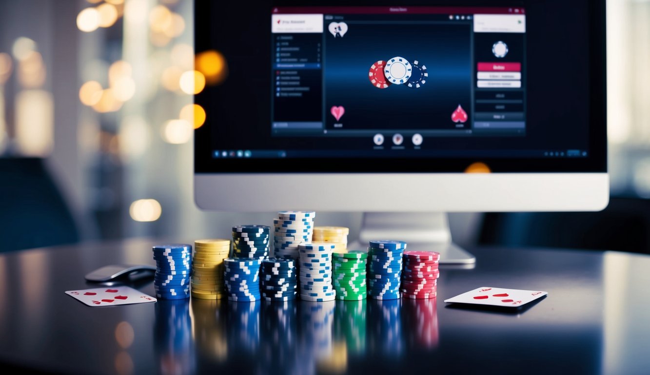 Sekelompok chip poker dan kartu remi yang tersusun di atas meja modern yang ramping, dengan layar komputer menampilkan antarmuka server poker online