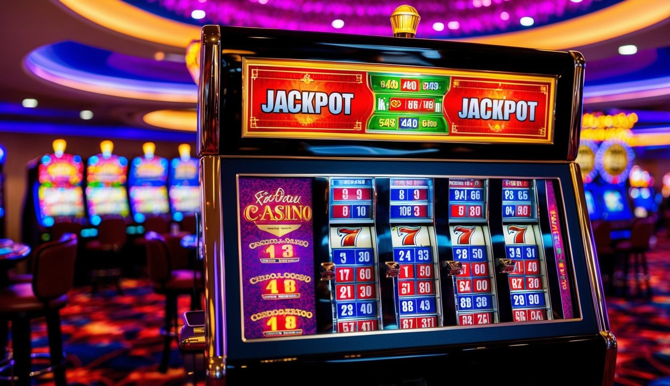 Sebuah kasino yang ramai dengan tampilan jackpot besar dan lampu berwarna-warni