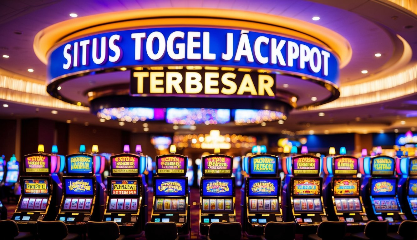 Sebuah kasino yang ramai dengan lampu berkedip dan mesin slot berwarna-warni, dengan papan besar yang menampilkan "Situs Togel Jackpot Terbesar" dalam huruf tebal