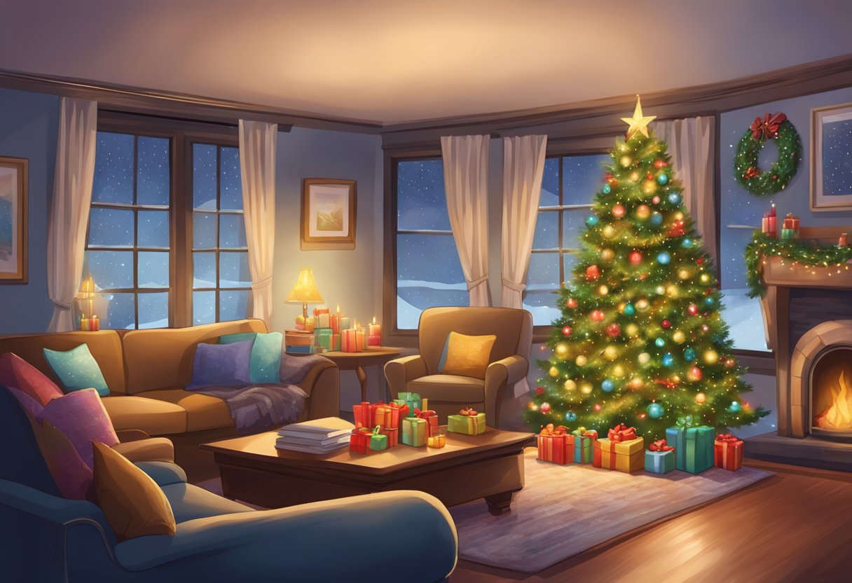 A cozy living room with a crackling fireplace, twinkling lights, and a beautifully decorated tree, surrounded by festive holiday decor