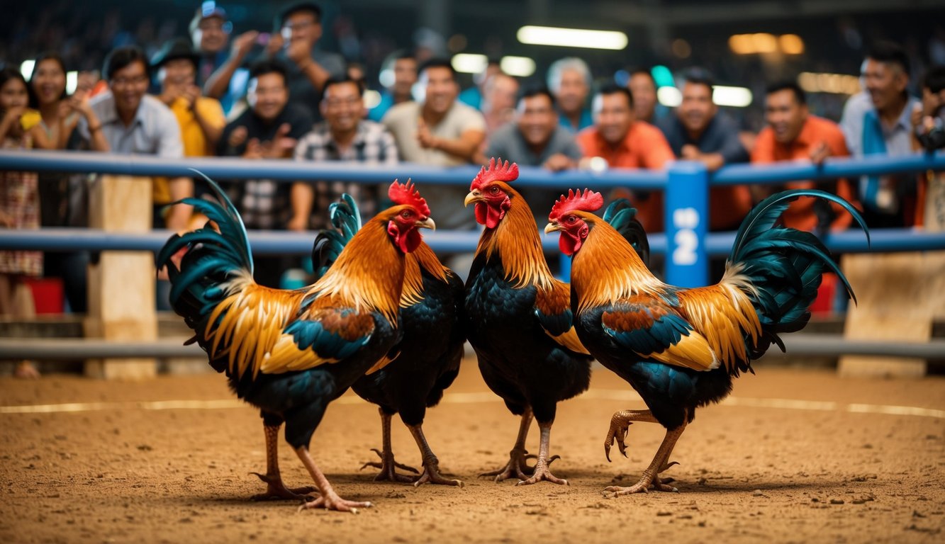 Arena sabung ayam online yang ramai dengan ayam jantan yang bertarung di dalam ring, dikelilingi oleh penonton yang bersemangat memasang taruhan