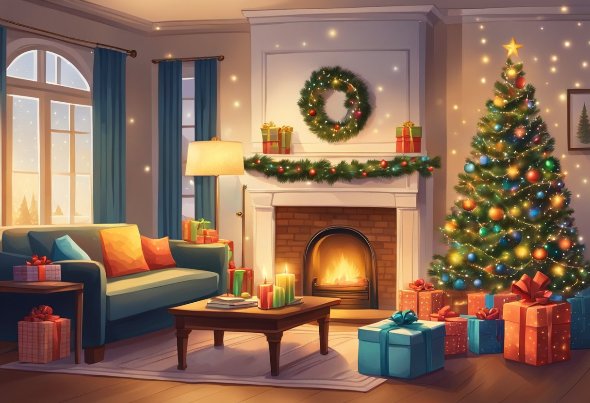 A cozy living room adorned with twinkling lights, a crackling fireplace, and a festive tree surrounded by wrapped gifts, evoking the warmth and joy of the holiday season