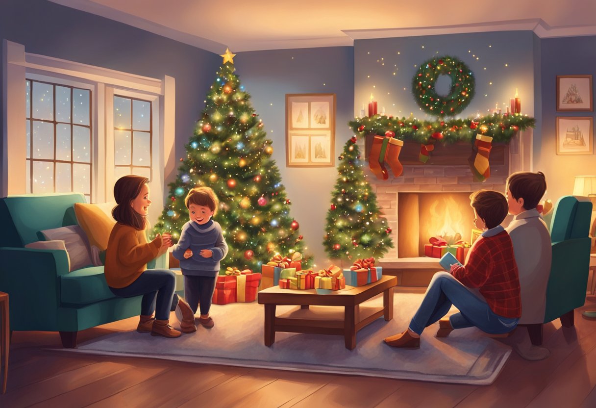 A cozy living room with a crackling fireplace, twinkling holiday lights, and a family of four gathered around a beautifully decorated Christmas tree, exchanging gifts and laughter