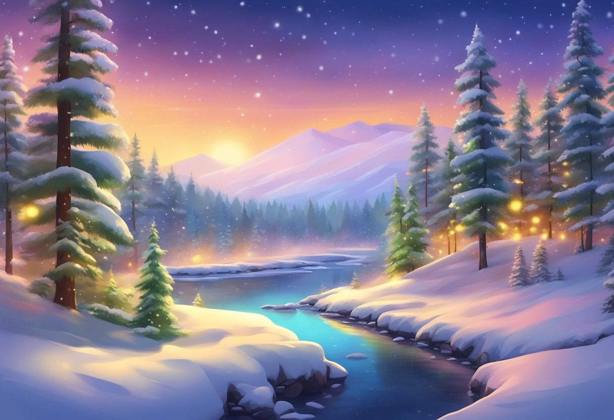 A snow-covered forest with colorful lights shining through the trees, casting a warm glow on the peaceful landscape