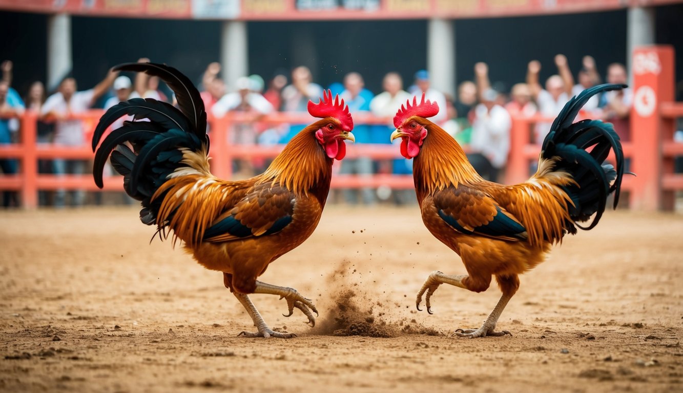 Dua ayam jantan terlibat dalam pertarungan sengit di dalam arena sabung ayam tradisional, dikelilingi oleh penonton yang bersorak.