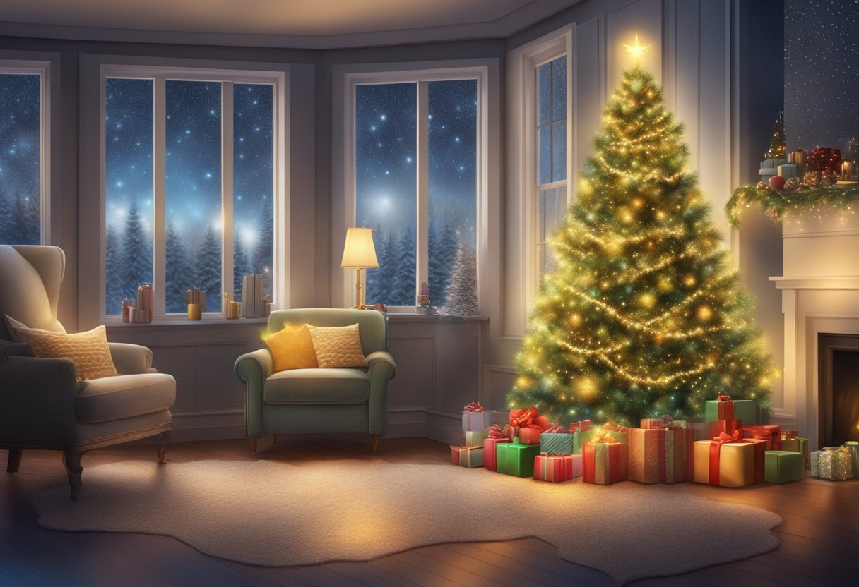 A glowing holiday tree surrounded by twinkling lights and festive decorations, evoking the warmth and joy of the New Year season