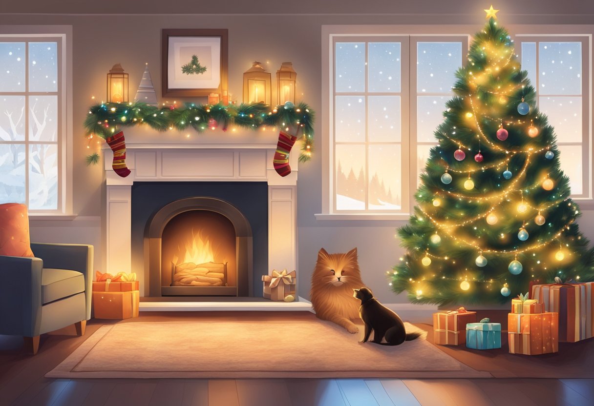 A cozy living room with a crackling fireplace, twinkling lights, and a beautifully decorated Christmas tree surrounded by joyful family pets